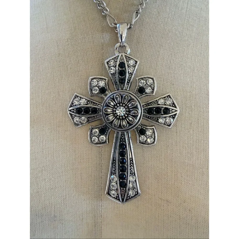 Silver Tone Rhinestone Cross Pendant Necklace Black & Clear Statement